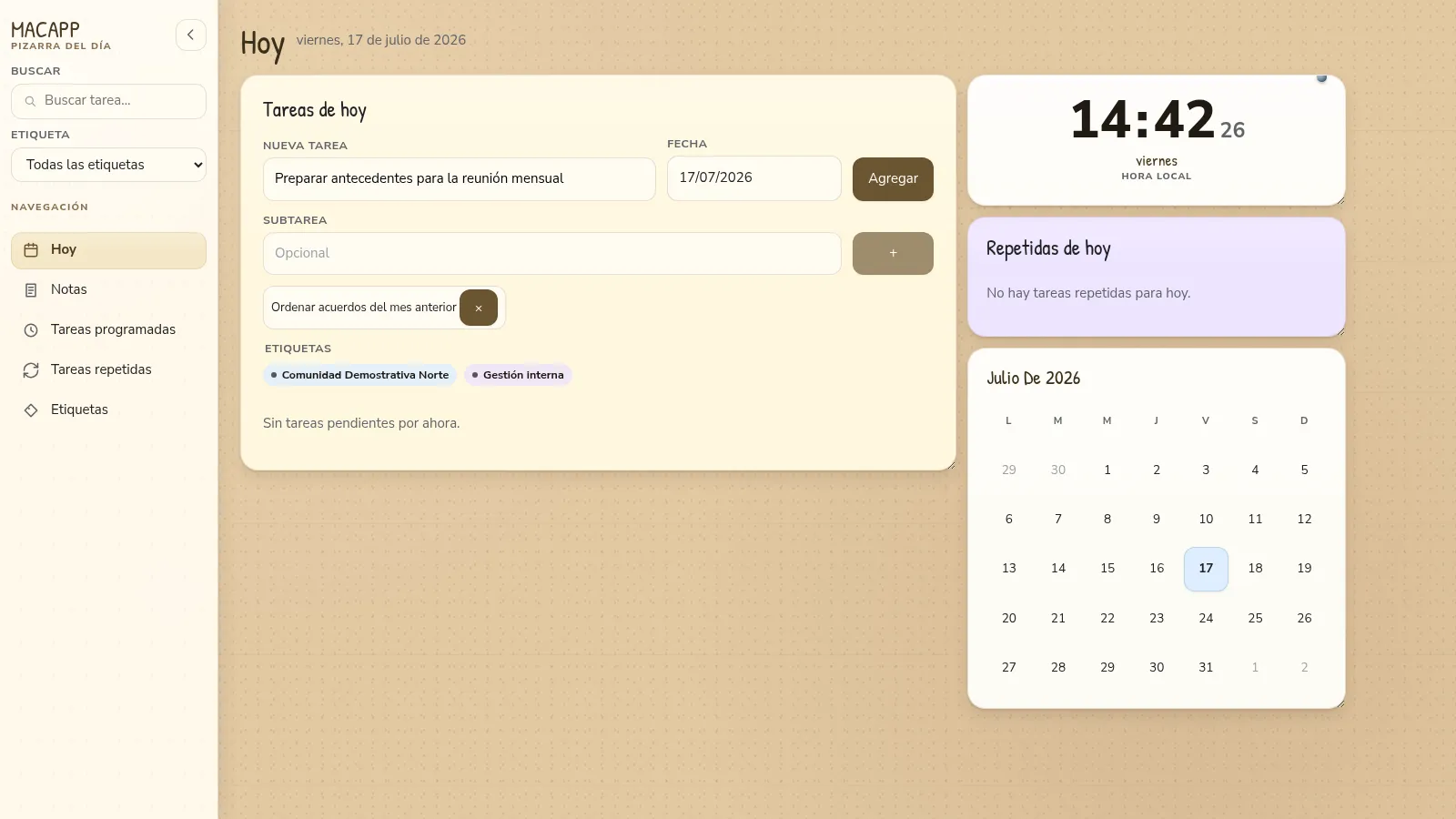 Formulario inline de Macapp para crear una tarea con fecha, dos etiquetas y una subtarea.