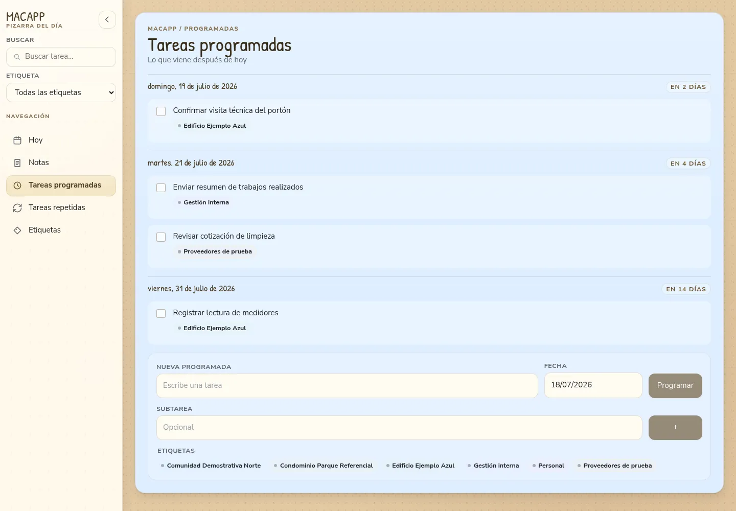 Tareas programadas de Macapp agrupadas en tres fechas futuras.