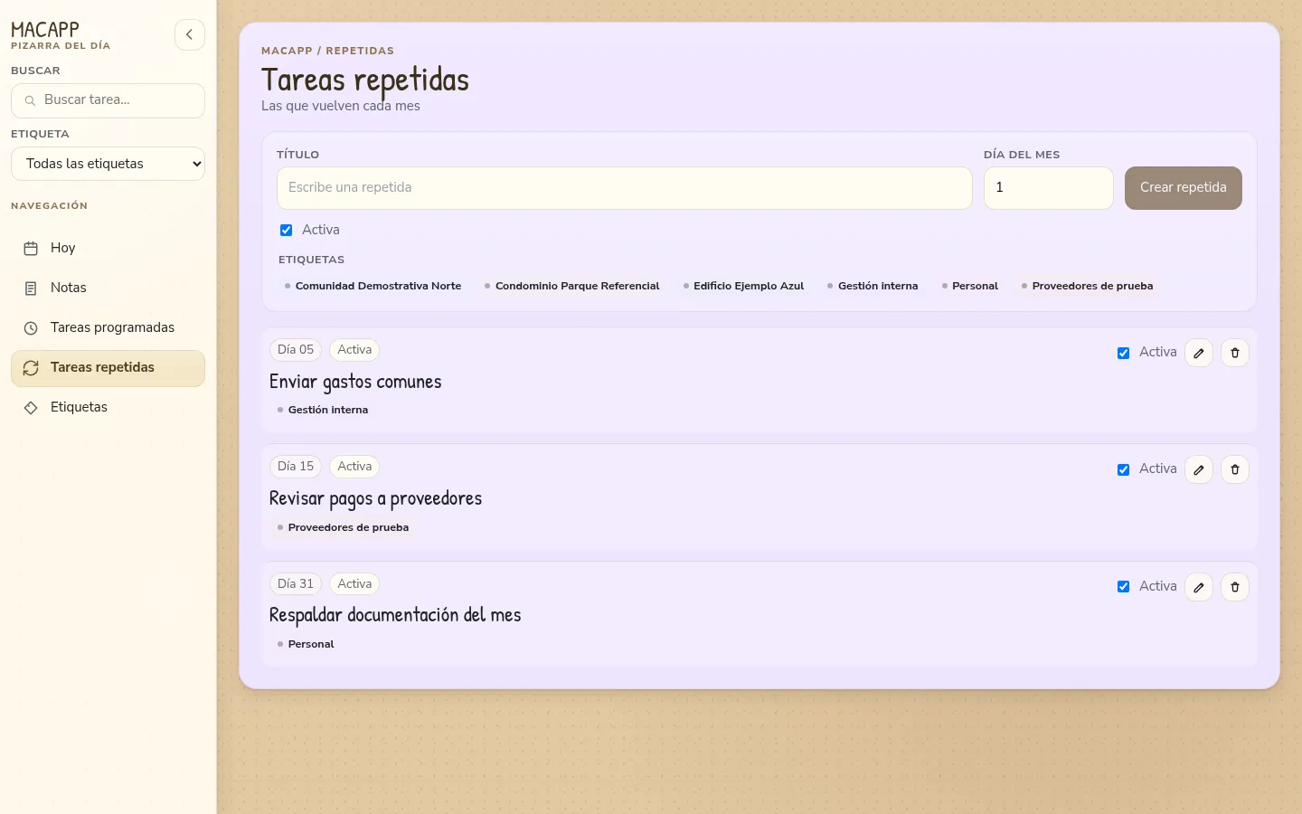 Lista de tareas repetidas mensuales de Macapp, incluida una configurada para el día 31.