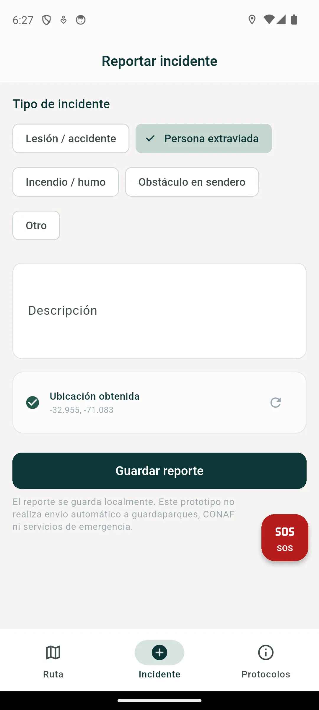 Formulario de Rüpü para registrar un incidente y guardar localmente su ubicación.